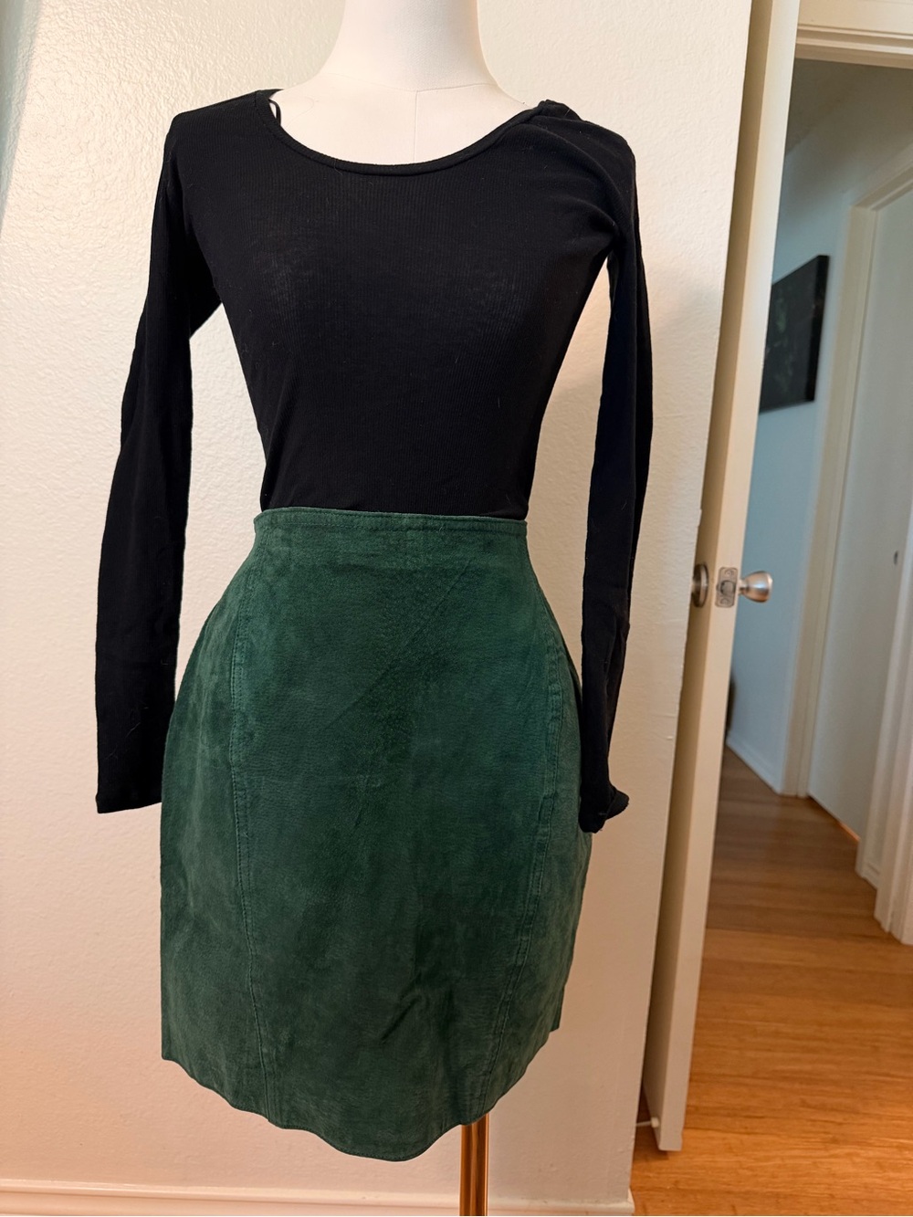 Vintage Sarah Morgan Green Suede Lined Zip Straight Pencil Short Skirt